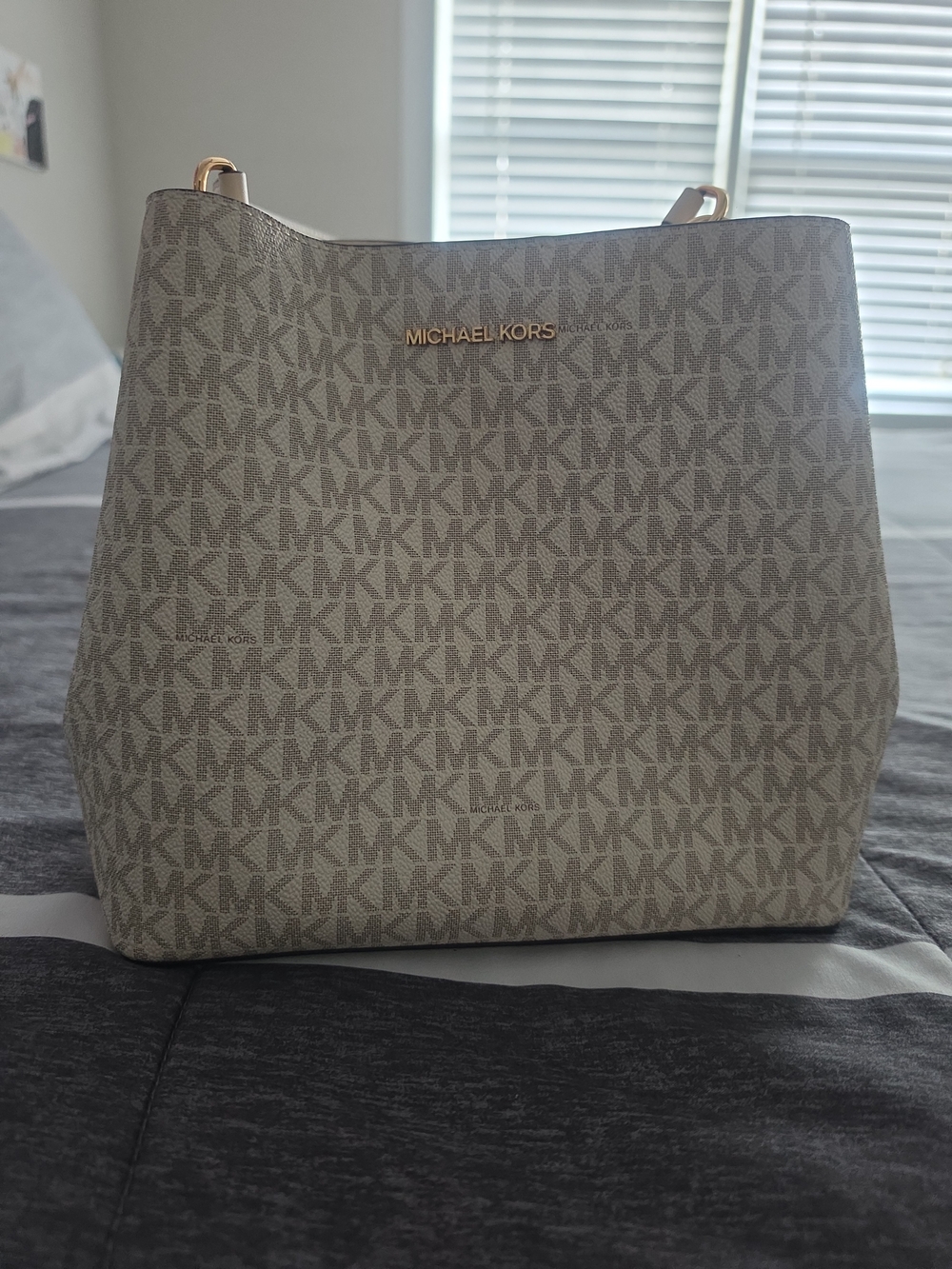 Michael Kors Beige Gray MK Logo Tote with Gold Hardware